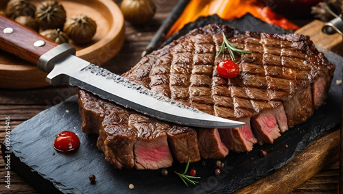 Fried meat with blood with hunting knife. Well done steak closeup. Rustic style.