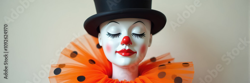 A toy clown with a top hat and orange ruffled collar