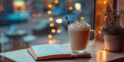 A cozy cafÃ© setting with a non-alcoholic latte mocktail, a book, and soft ambient lighting