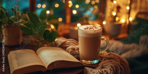 A cozy cafÃ© setting with a non-alcoholic latte mocktail, a book, and soft ambient lighting