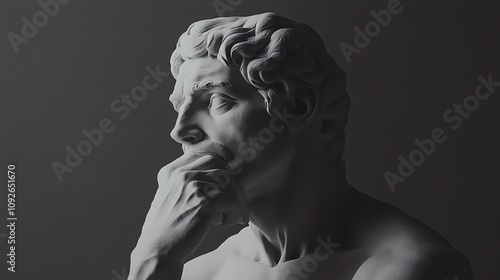 A white plaster bust of a man with a thoughtful expression, resting his chin on his hand, in front of a dark background.