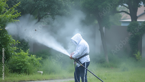 Man spraying fogging, eliminating mosquitoes, stopping the spread of dengue fever