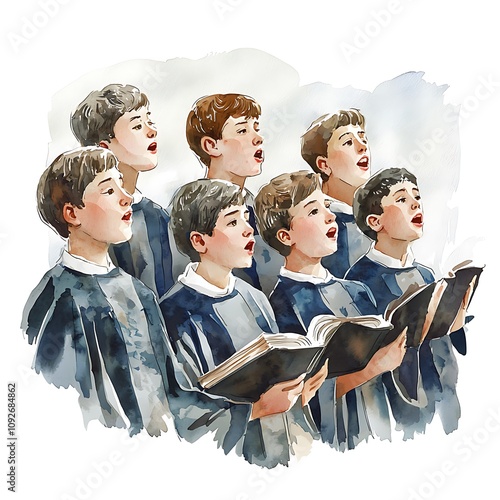 Watercolor Painting of a Boys' Choir Singing from Hymnals.