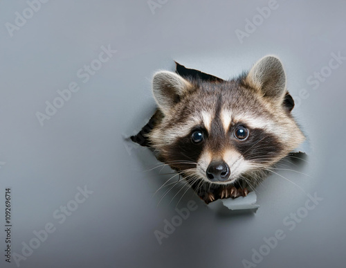 Ein Waschbär schaut durch ein Loch