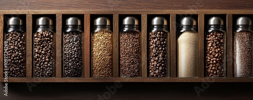 Grinding coffee beans closeup of separate compartments in a cozy kitchen environment