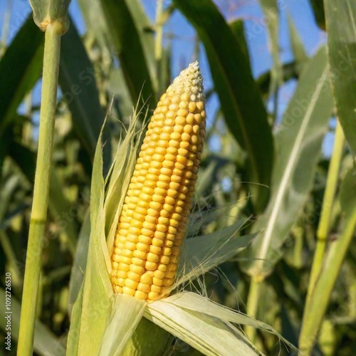 A high-resolution ultrarealistic image depicting a ripe cornfield on a sunny day. The photograph showcases a detailed close-up of an ear of corn, partially husked, revealing its perfectly aligned, gol