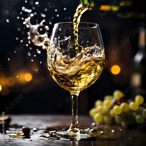 White wine glass being poured from a bottle grapes on table wine splashing out of the glass