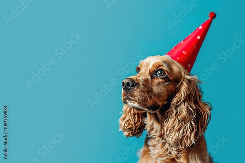 Cute dog celebrating with red pary hat and blow-out against a blue background and copy space to side,