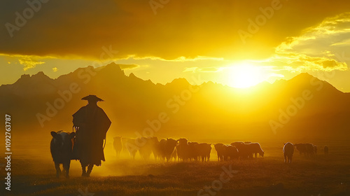 A Breathtaking Sunset Scene of a Tibetan Yak Herder Performing Traditional Rituals Amidst the Himalayan Peaks