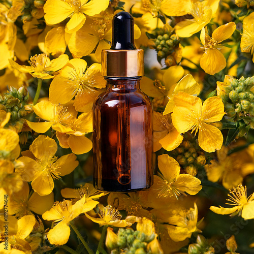 Agrimony Flower Bach, Amber glass bottle with pipette gold border on top of agrimonia flowers in the background, Floral Therapy, Floral Bach