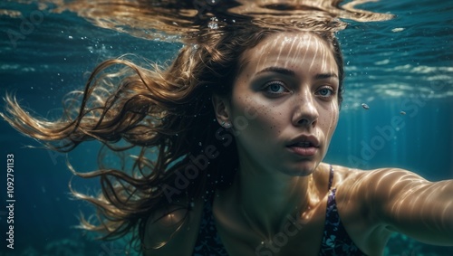 Underwater Serene: A captivating underwater portrait of a young woman with flowing brown hair, eyes fixed on the viewer, creating a mysterious and alluring atmosphere. 