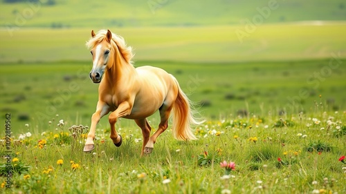 A beautiful palomino horse with a golden coat running swiftly across a rolling green meadow dotted with wildflowers and tall grasses, sunlight, wildflowers, natural scenery