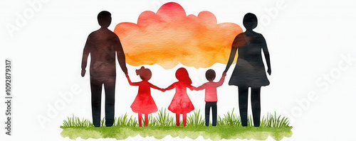 happy family holding hands under colorful cloud, symbolizing joy