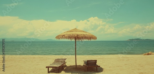 A wide-angle, high-resolution shot of a straw beach umbrella and rustic wooden sun loungers overlooking the sea in Vietnam. 