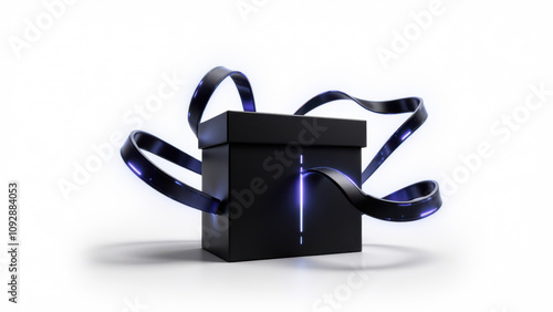 A digital illustration of a futuristic present with flowing ribbons above a box adorned by AI technology elements.