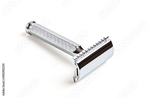 Safety Double-Edge DE Razor with closed comb isolated on white focus stacking shot. Classic Wet Shaving Supplies and Accessories. Die-cast zinc handle, head, Galvanized surfaces, Bright chrome-plated