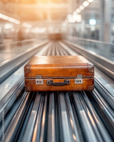 Luggage on airport conveyor belt concept. Brown suitcase on a luggage conveyor in a bright airport setting