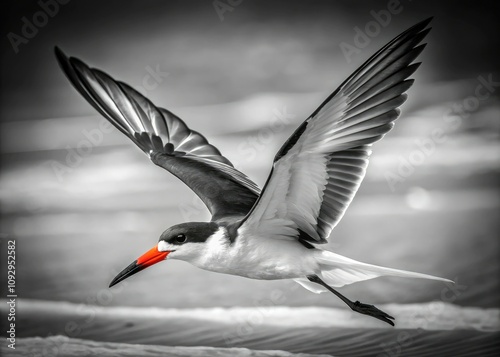 Black Skimmer Silhouette in Flight - Surreal Black and White Illustration of Rynchops Niger Bird