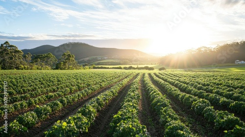 Lush Vineyard Landscape at Sunrise with Rows of Green Grapevines Under a Vibrant Sky and Rolling Hills in the Background