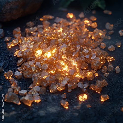 pile of glowing gold nuggets scattered on dark surface, reflecting light. rough and unrefined texture adds to natural beauty of scene