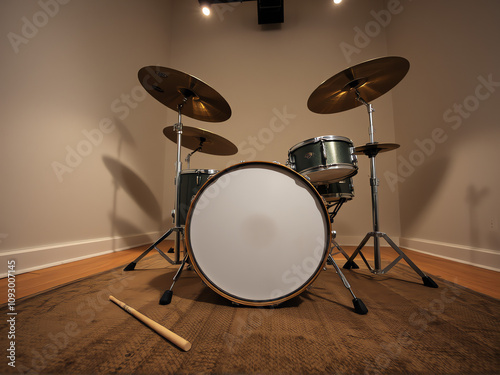 Drum set positioned on carpet in a minimalistic room with soft lighting