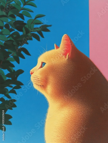 A yellow cat with blue eyes sits on a ledge looking out at a blue sky with a green plant in the background.