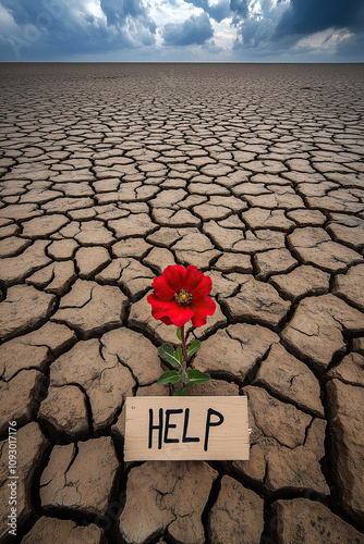 Urgent call for action against climate change in a drought-stricken landscape with a single red flower