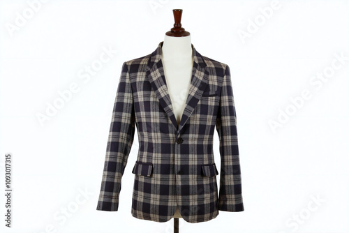 A stylish wool fabric plaid pattern designer blazer for women on a mannequin. A cotton checkered tartan motif design female jacket for formal, casual, office wear. Isolated on white background.