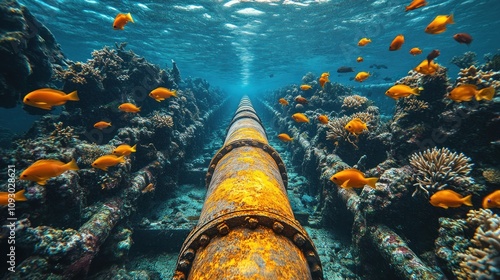 Single rusted ocean pipe among vibrant sea life