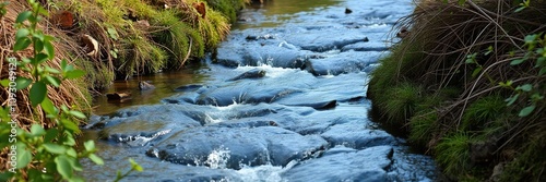 A gentle stream babbles and splashes its way through the underbrush, aquatic plants, serene waters