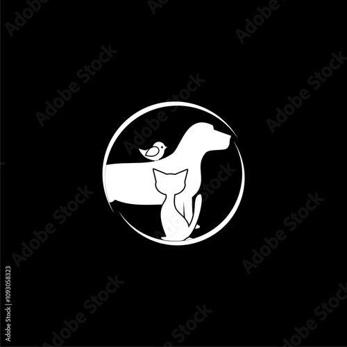 Pet shop logo with dog ,cat, bird silhouette in a circle isolated on black background.