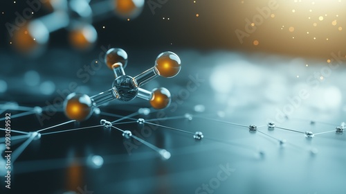 Futuristic Depiction of a Hydrogen Molecule Surrounded by Delicate Atomic Structures and Sparkling Light Effects in a Sci-Fi Inspired Environment