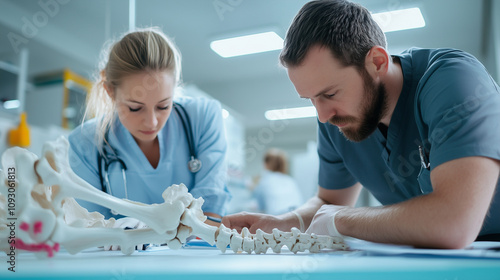 In a bright clinic, a podiatrist and assistant lean over a foot skeleton model, analyzing the bone structure while glancing at a patientâs injured leg for comparison.