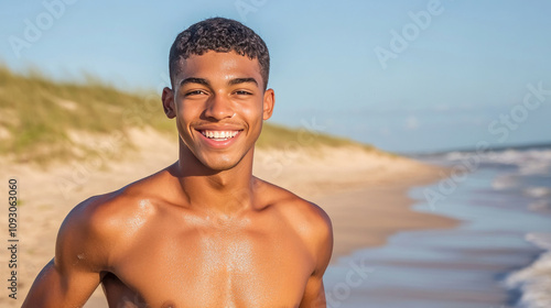 young man with bright smile enjoys sunny day at beach, with waves gently lapping shore and grassy dunes in background