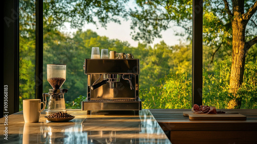 Chic coffee brewing setup amidst lush outdoor scenery