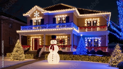 A two-story house fully decorated with vibrant Christmas lights during nighttime