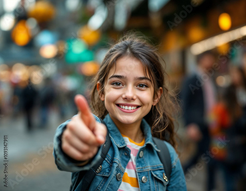 Joyful girl with a toothy smile pointing to the side to show advertisement