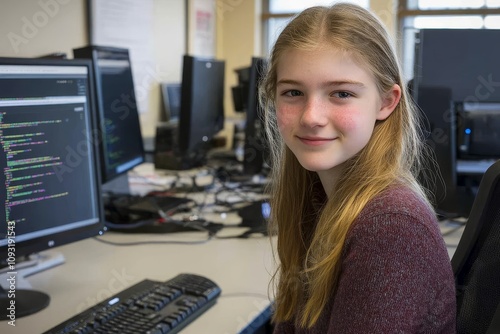 A young woman coding in a high tech research lab filled with computers.