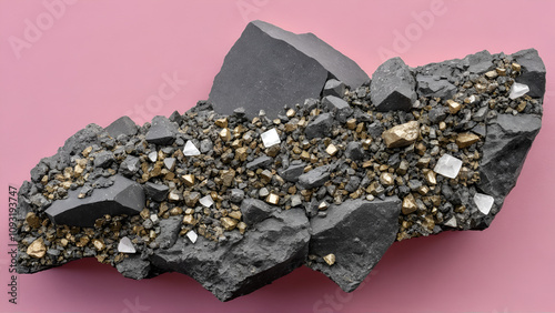 Modified igneous andesite in hydrothermal alteration zone displaying quartz chlorite and pyrite against a pink backdrop Indonesian geological survey