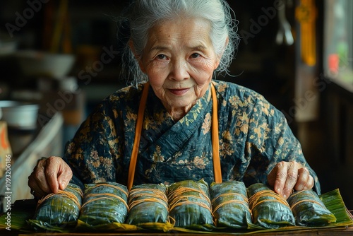 Tet cake being made by an old Vietnamese woman craftsperson. Tet food is a traditional Vietnamese New Year food.