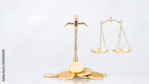 Scales of justice and gold coins isolated on transparent background.