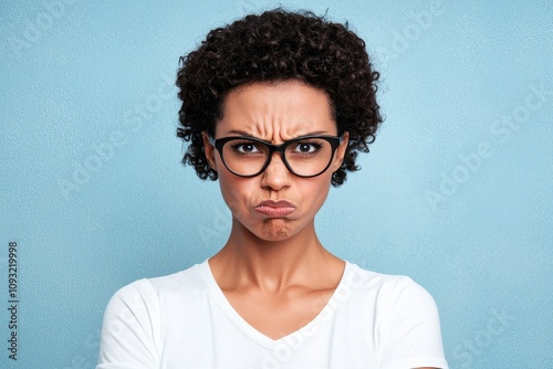 This angry angry woman has an afro hairstyle, clenches her teeth out of anger, stares with hatred, frowns, wears sunglasses and casual white clothes, models on blue background, and expresses hateful