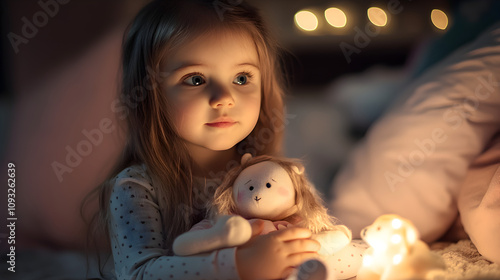 una pequeña niña en su habitacion en su cuarto de su casajugando y abrazando a su oso de peluche jugando y disfrutando de su niñez y de su infancia