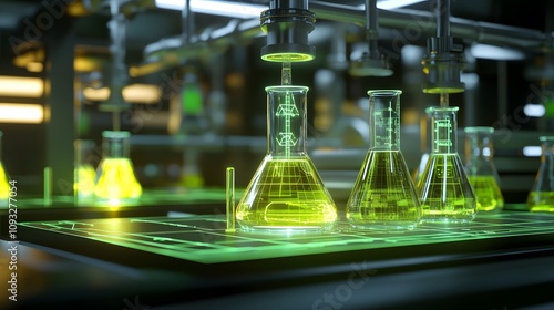 A modern lab featuring 3D glowing renewable fuel diagrams with 2D real-time task execution guides. 4k resolution, Cinematic Scene