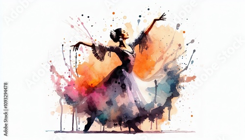 woman performing Jota, Spanyol dance in watercolor illustration with loose and fluid forms