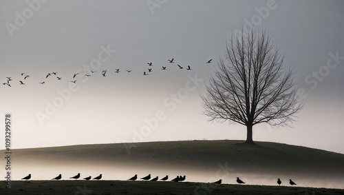 Bare tree and birds under gray sky on misty hill at dawn