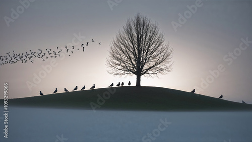 Lone tree atop hill with birds in background under gray sky