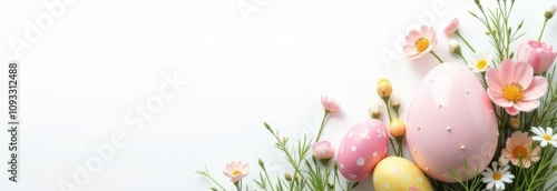 Easter eggs on white background with free space for text, painted eggs and flowers. Happy Easter. Banner.