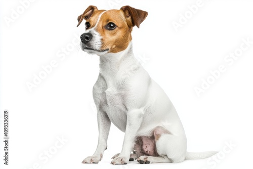 Jack Russell Terrier sitting elegantly on a white isolated background.