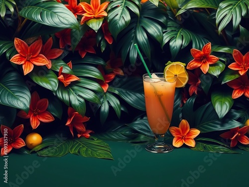 Tropical foliage with a Mai Tai cocktail centerpiece, orange liqueur, garnish, lime